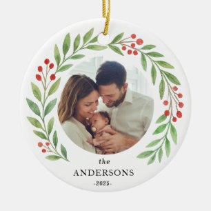 Watercolor Wreath Family Photo Christmas 2025 Ceramic Ornament