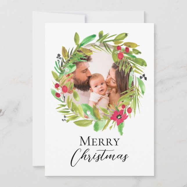 Watercolor wreath Family Photo Merry Christmas Holiday Card (Front)