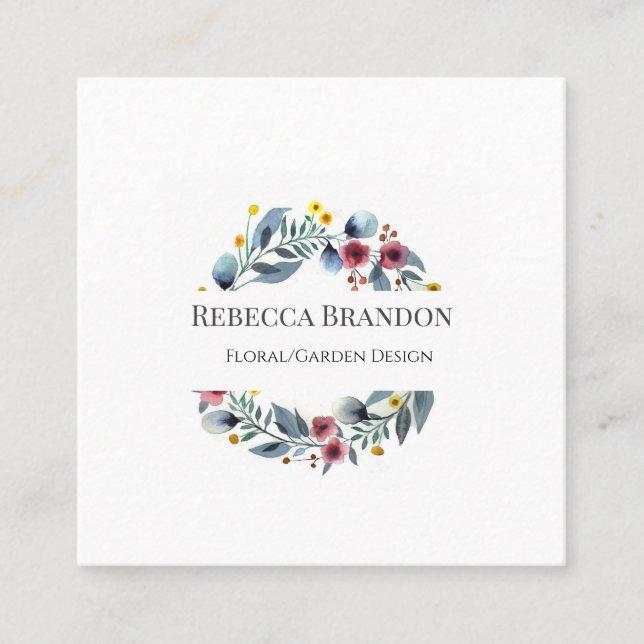 Watercolor Wreath Floral Square Business Card (Front)