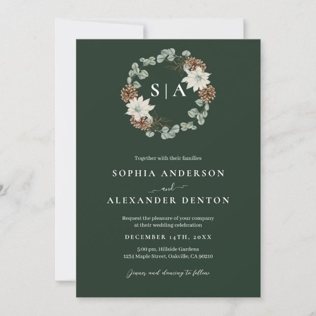 Watercolor wreath, forest green  invitation (Front)