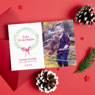 Watercolor Wreath Frohe Weihnachten Photo Holiday Card