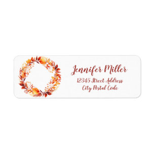 Watercolor wreath from colourful autumn leaves return address label