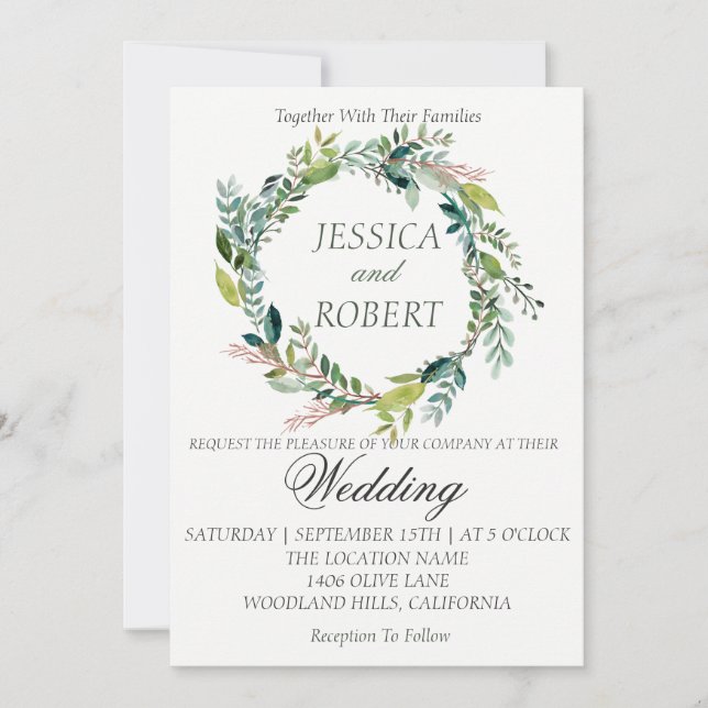 Watercolor Wreath Garden Wedding Invitation (Front)