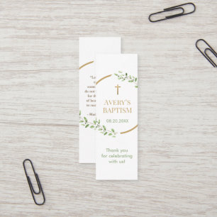 Watercolor wreath Gold cross Baptism Bookmark Mini Business Card