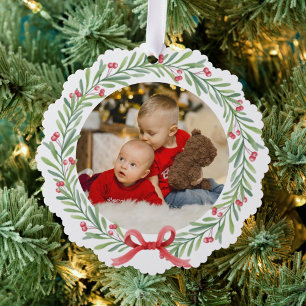 Watercolor Wreath holly berries and green leaves  Tree Decoration Card