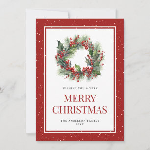 Watercolor Wreath Holly Red Berries Snowy Holiday Card