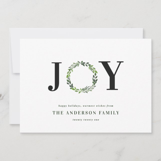 Watercolor wreath joy monogram holiday family card (Front)