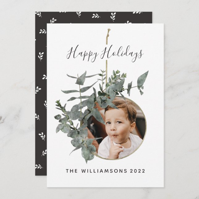 Watercolor Wreath Leaf Botanical Photo  Holiday Card (Front/Back)