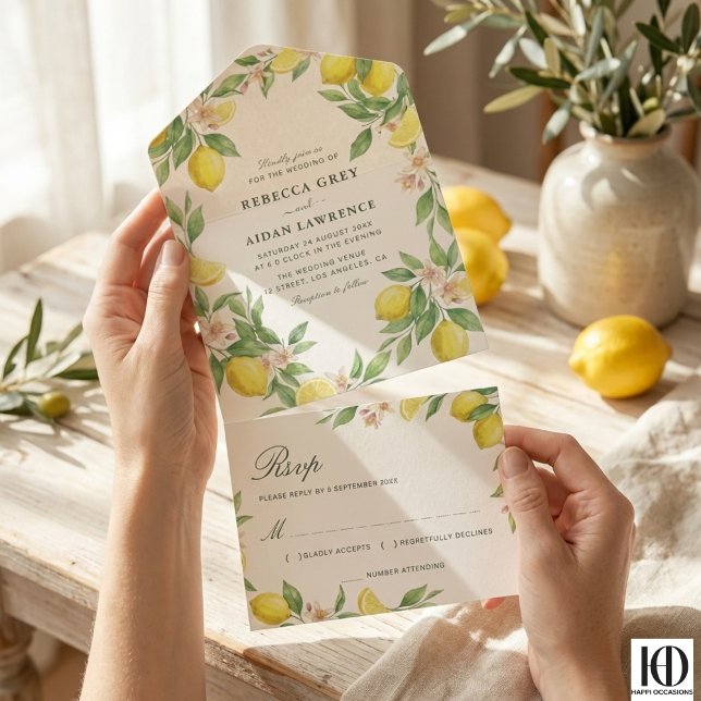Watercolor Wreath Mediterranean Citrus Wedding All In One Invitation (Creator Uploaded)