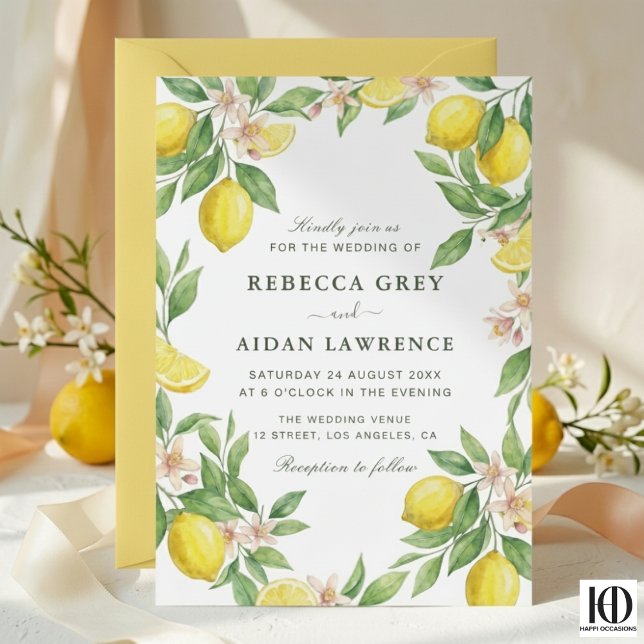 Watercolor Wreath Mediterranean Citrus Wedding Invitation (Creator Uploaded)