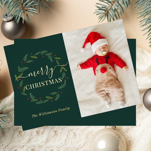 Watercolor Wreath Merry Christmas Baby Photo Foil Holiday Card (Watercolor Wreath Merry Christmas Baby Photo Foil Holiday Card)