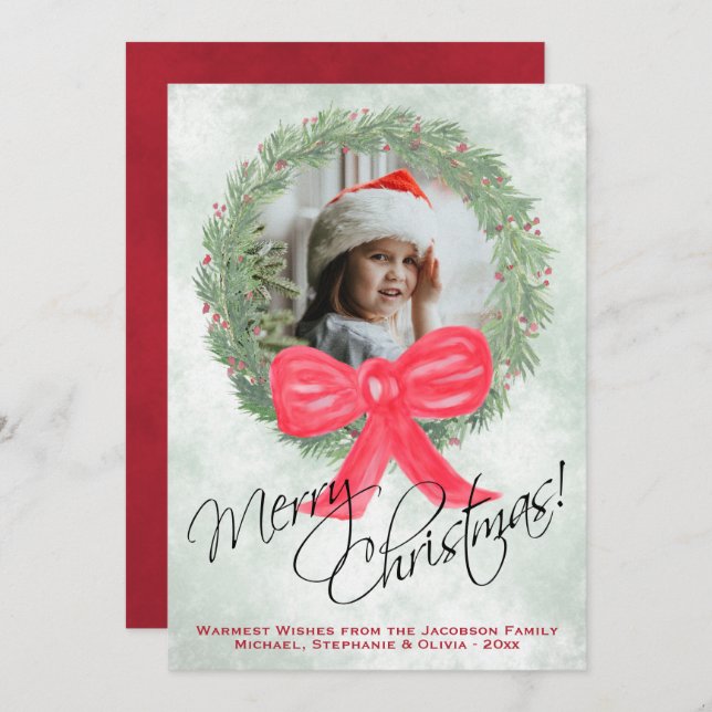 Watercolor Wreath Merry Christmas Photo Frame Holiday Card (Front/Back)