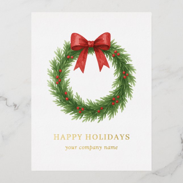 Watercolor Wreath Modern Business Christmas Foil Holiday Postcard (Front)
