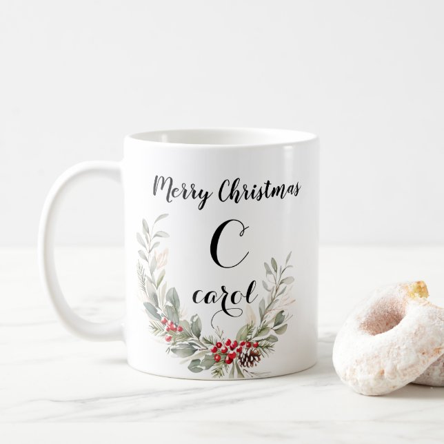 Watercolor Wreath Monogram and Script Christmas Coffee Mug (With Donut)