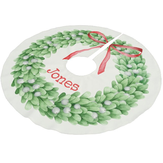 Watercolor Wreath Monogram Name Christmas Brushed Polyester Tree Skirt (Angled)