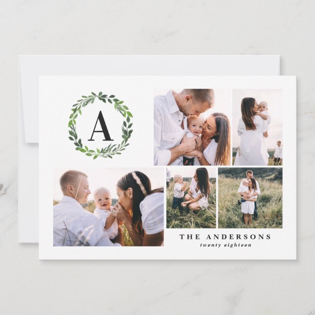 Watercolor wreath multi photo initial holiday card (Front)