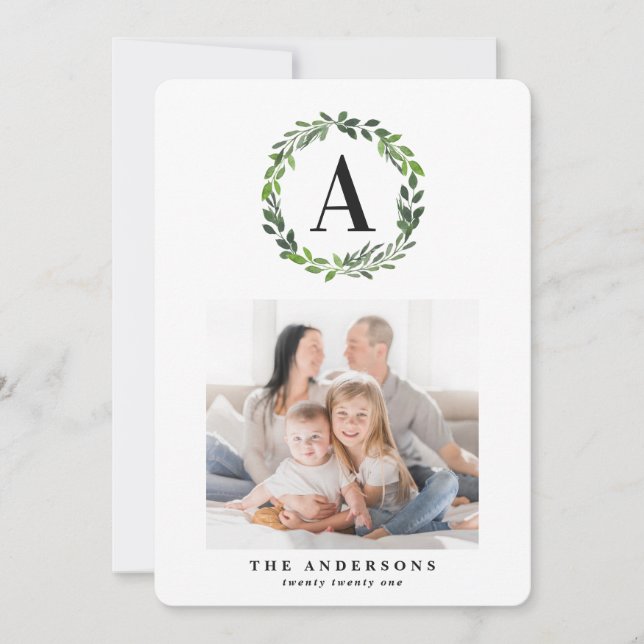 Watercolor wreath multi photo initial holiday card (Front)
