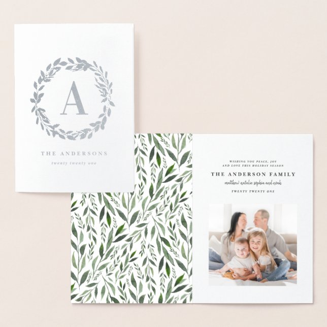 Watercolor wreath one photo monogram foil card (Display)