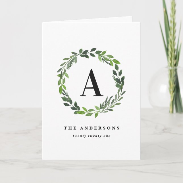 Watercolor wreath one photo monogram holiday  card (Front)