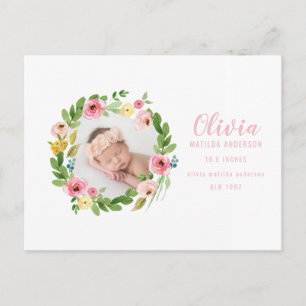 Watercolor wreath photo birth announcement postcard