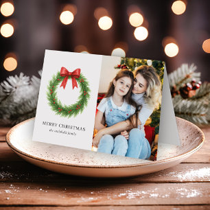 Watercolor Wreath Photo Modern Christmas Holiday Card