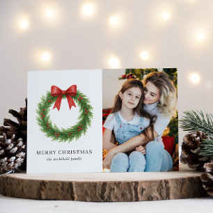 Watercolor Wreath Photo Modern Christmas Holiday Card