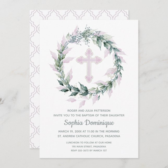 Watercolor Wreath Pink Cross Baptism Invitations (Front/Back)