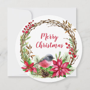 Watercolor Wreath Poinsettia & Bird Christmas Holiday Card