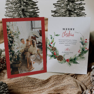 Watercolor Wreath Red Berries Photo Christmas Holiday Card
