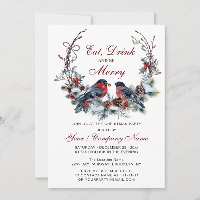Watercolor Wreath & Red Birds Christmas Party Invitation (Front)