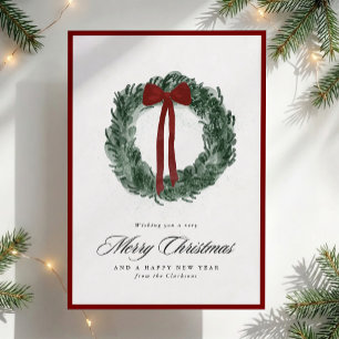 Watercolor Wreath Red Border Non Photo Christmas Holiday Card