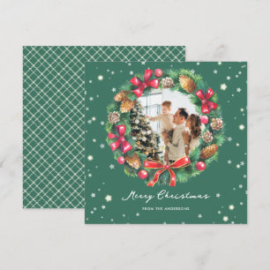 Watercolor Wreath Stars Green Photo Christmas Holiday Card