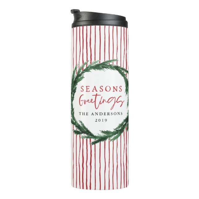 Watercolor wreath + stripe christmas holiday gift thermal tumbler (Rotated Right)