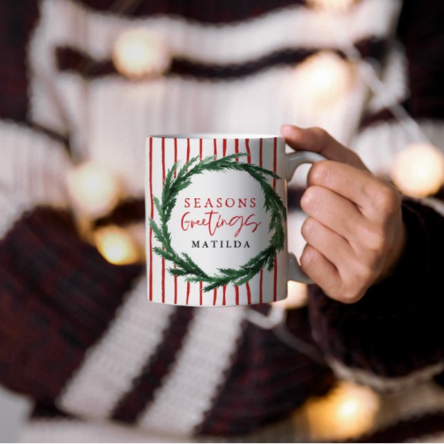 Watercolor wreath & stripe christmas holiday mug (Creator Uploaded)