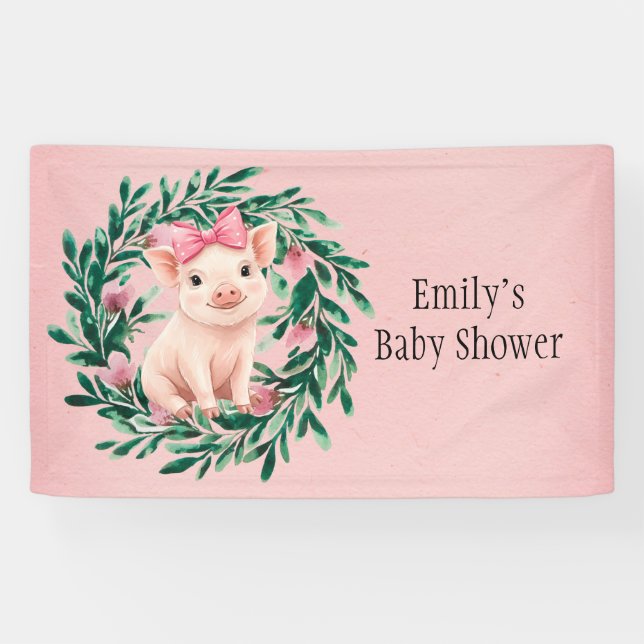 Watercolor Wreath with Baby Pig Girl Baby Shower Banner (Horizontal)