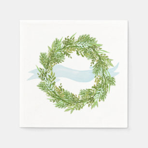 Watercolor wreath with blue ribbon napkin