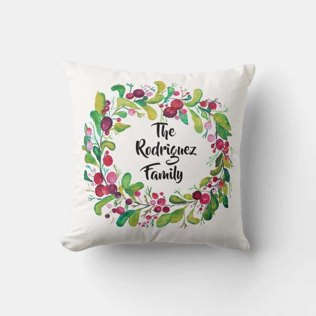 Watercolor Wreath with Red Berries & Name Cushion (Front)