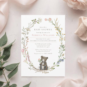 Watercolor Wreath Woodland Bear Baby Shower Invitation