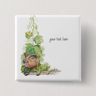 Watercolor Wren Bird Vineyard Grapes Leaves Winery 15 Cm Square Badge