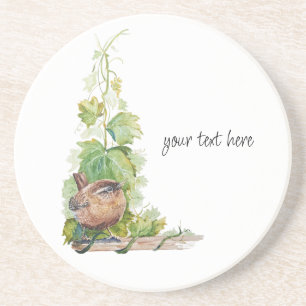 Watercolor Wren Bird Vineyard Grapes Leaves Winery Coaster
