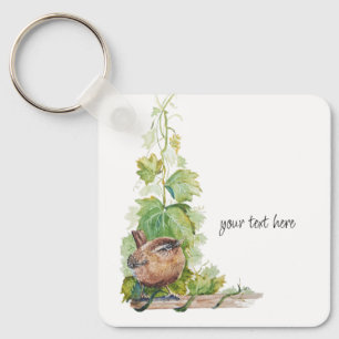 Watercolor Wren Bird Vineyard Grapes Leaves Winery Key Ring