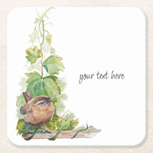 Watercolor Wren Bird Vineyard Grapes Leaves Winery Square Paper Coaster