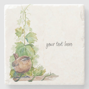 Watercolor Wren Bird Vineyard Grapes Leaves Winery Stone Coaster