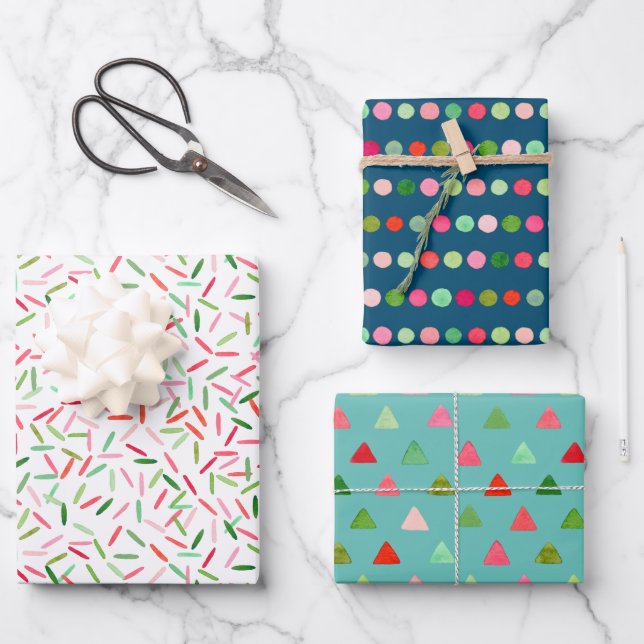 Watercolor Xmas Confetti Stripes Triangles Dots Wrapping Paper Sheet (Front)