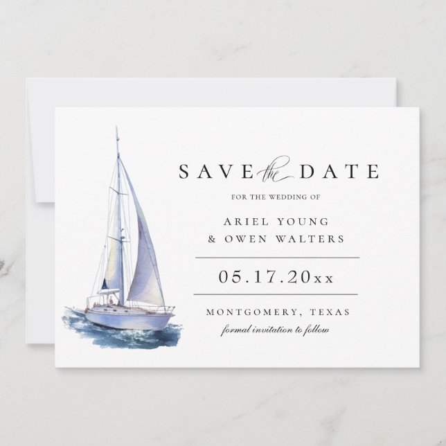 Watercolor Yacht Nautical Theme Save The Date Announcement (Front)