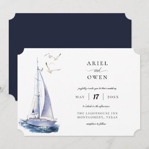 Watercolor Yacht Nautical Theme Wedding Invitation