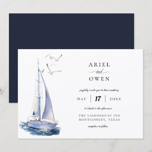 Watercolor Yacht Nautical Theme Wedding Invitation
