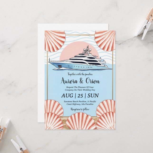 watercolor yacht wedding invitations (Front/Back In Situ)