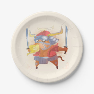 Watercolor Year of the Ox, Samurai Paper Plate