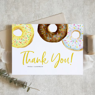 Watercolor Yellow and Chocolate Doughnuts Birthday Thank You Card